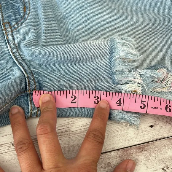 Pinkblush Medium Wash Distressed Rainbow Thread Full Panel Maternity Jean Shorts