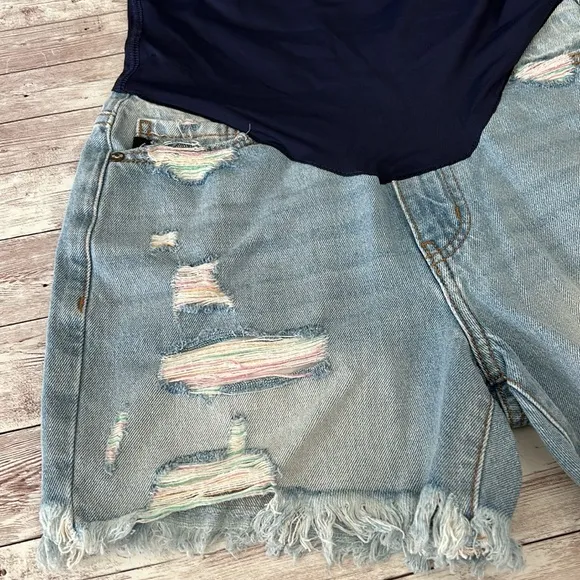 Pinkblush Medium Wash Distressed Rainbow Thread Full Panel Maternity Jean Shorts