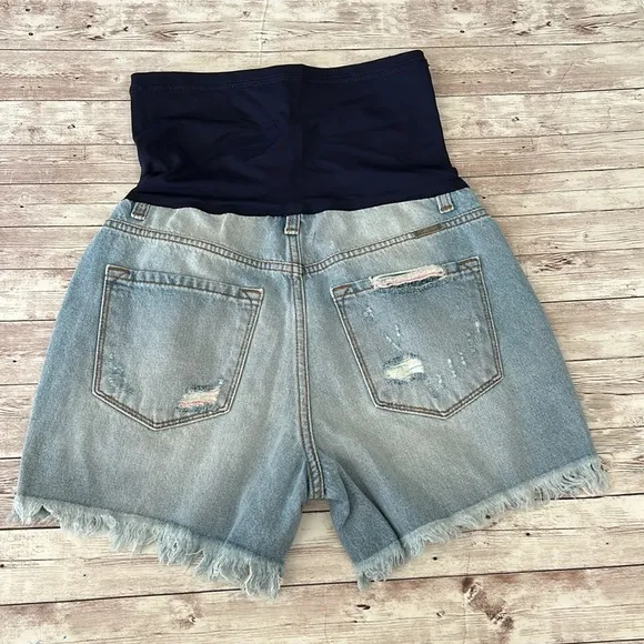 Pinkblush Medium Wash Distressed Rainbow Thread Full Panel Maternity Jean Shorts