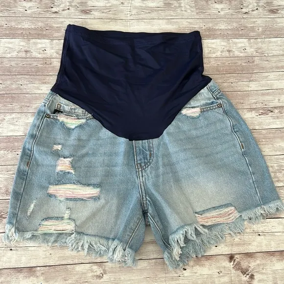 Pinkblush Medium Wash Distressed Rainbow Thread Full Panel Maternity Jean Shorts
