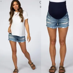 Pinkblush Medium Wash Distressed Rainbow Thread Full Panel Maternity Jean Shorts