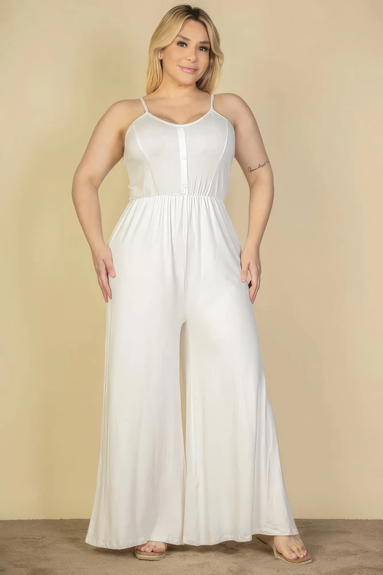 Plus Size Button Front Wide Leg Jumpsuit