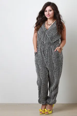 Plus Size Striped Chiffon Surplice Jumpsuit