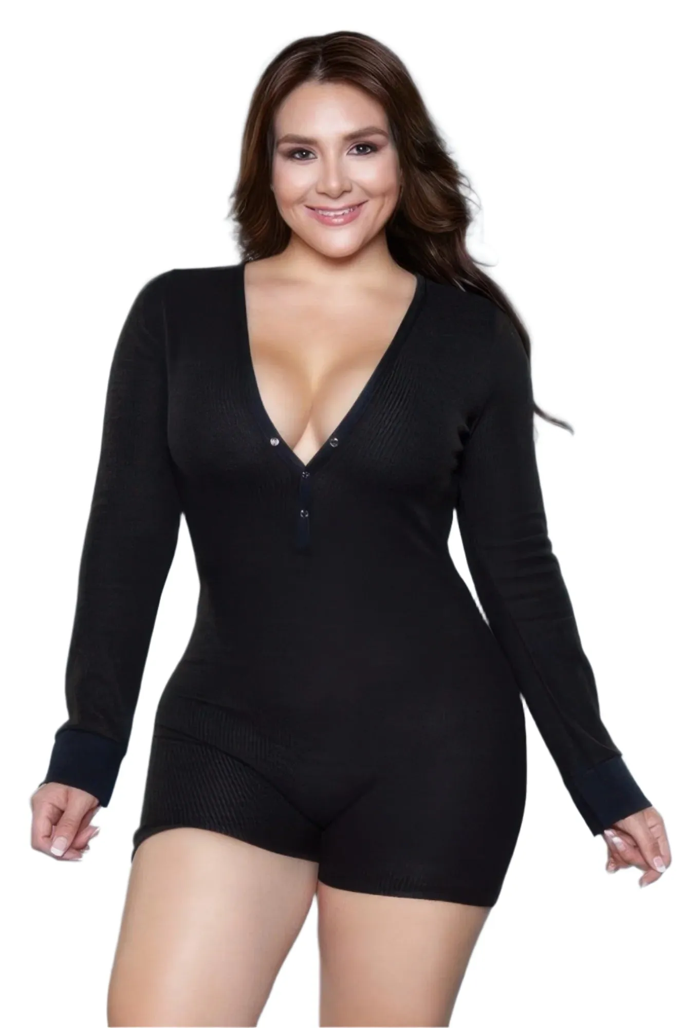 Plus Womens Long Sleeve Henley Casey Romper