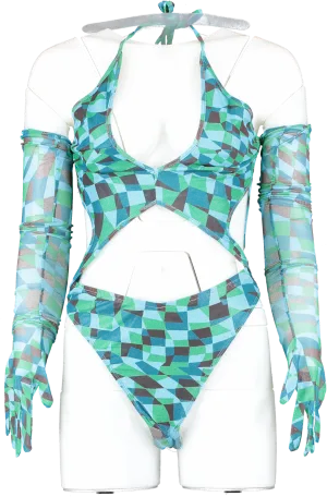 PrettyLittleThing Blue Abstract Cut Out Cold Shoulder Bodysuit UK 8