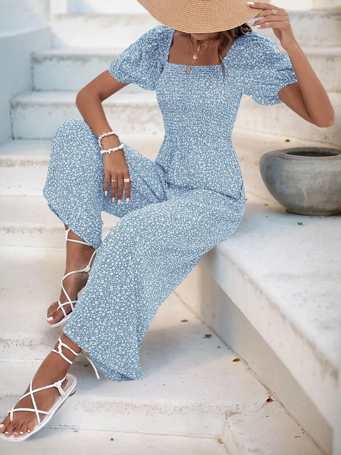 Printed Square Neck Puff Sleeve Romper