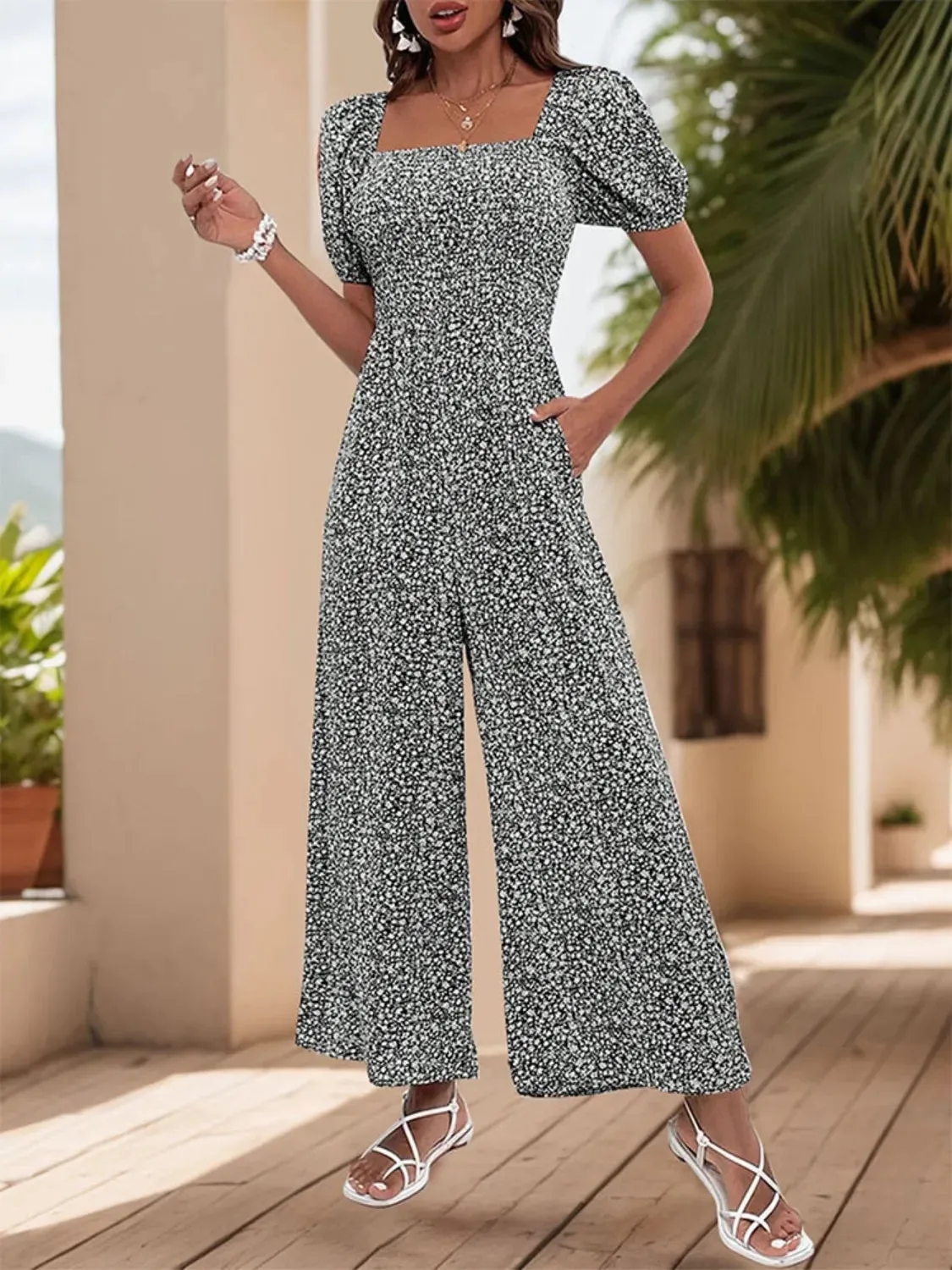 Printed Square Neck Puff Sleeve Romper