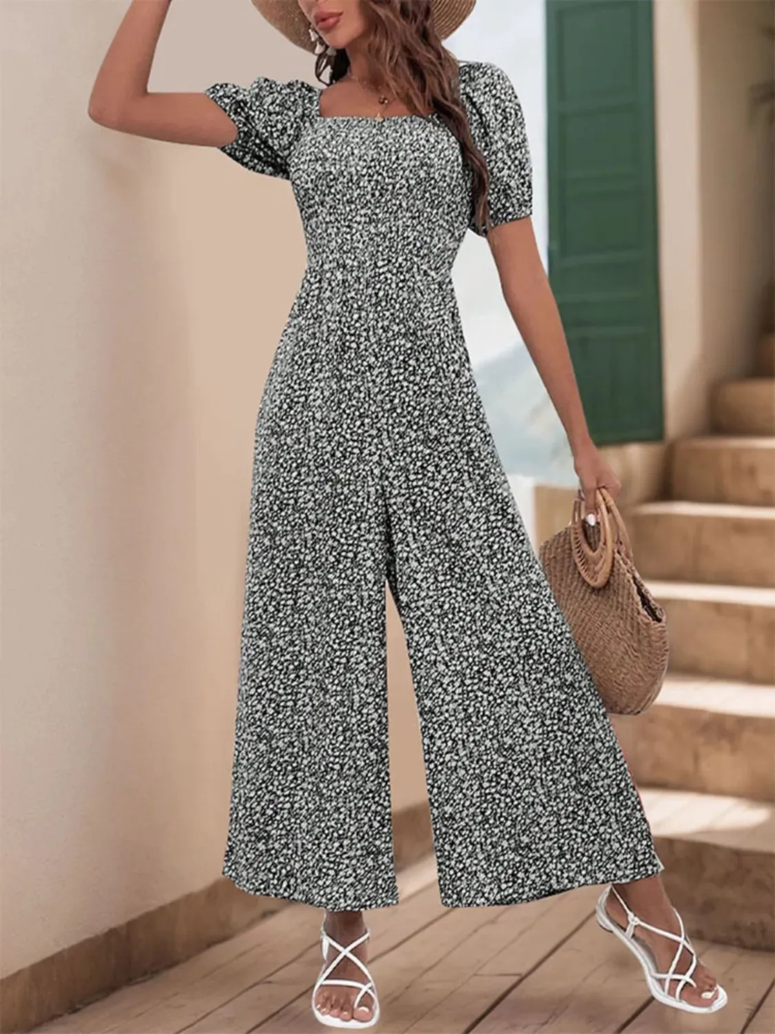 Printed Square Neck Puff Sleeve Romper