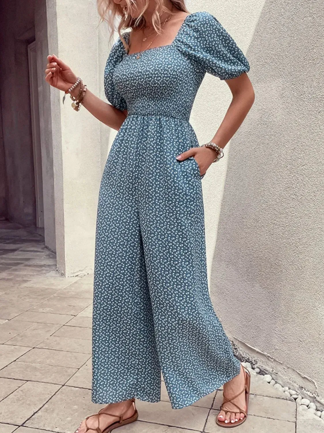Printed Square Neck Puff Sleeve Romper