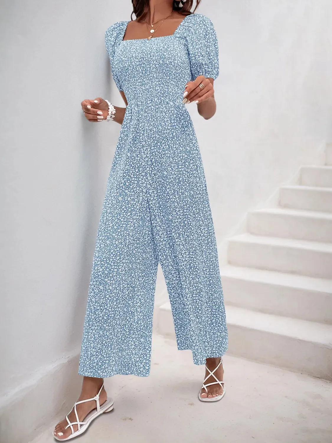 Printed Square Neck Puff Sleeve Romper