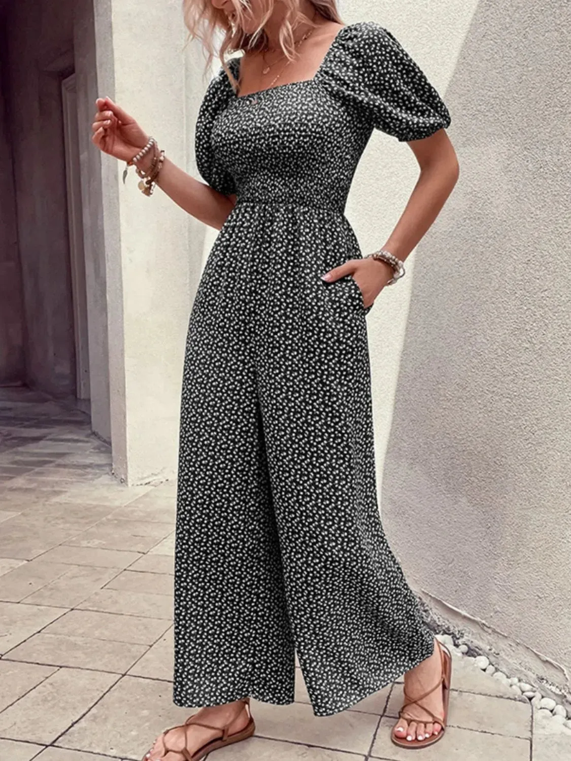 Printed Square Neck Puff Sleeve Romper