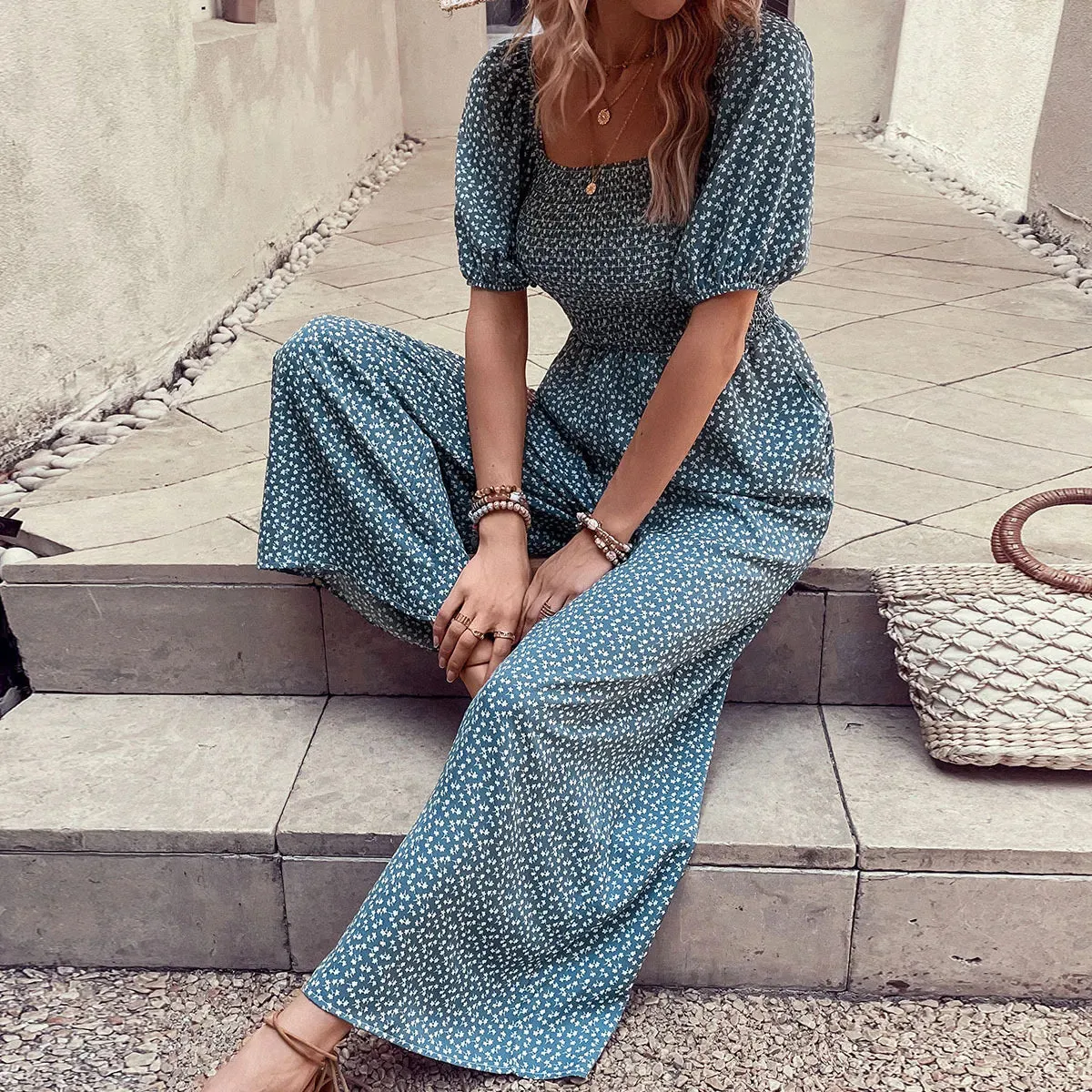Printed Square Neck Puff Sleeve Romper