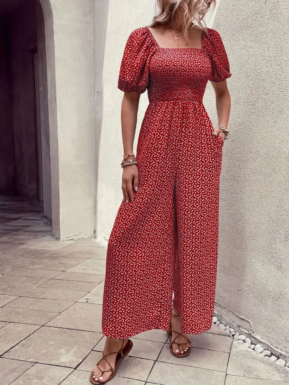 Printed Square Neck Puff Sleeve Romper