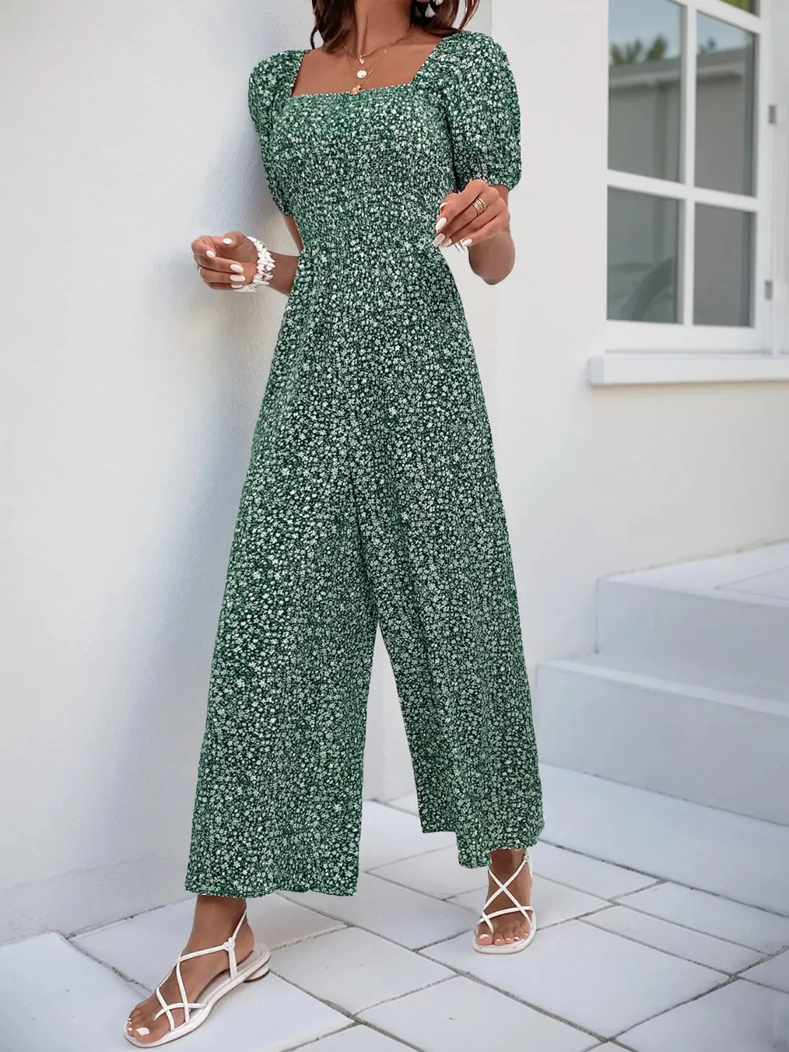 Printed Square Neck Puff Sleeve Romper