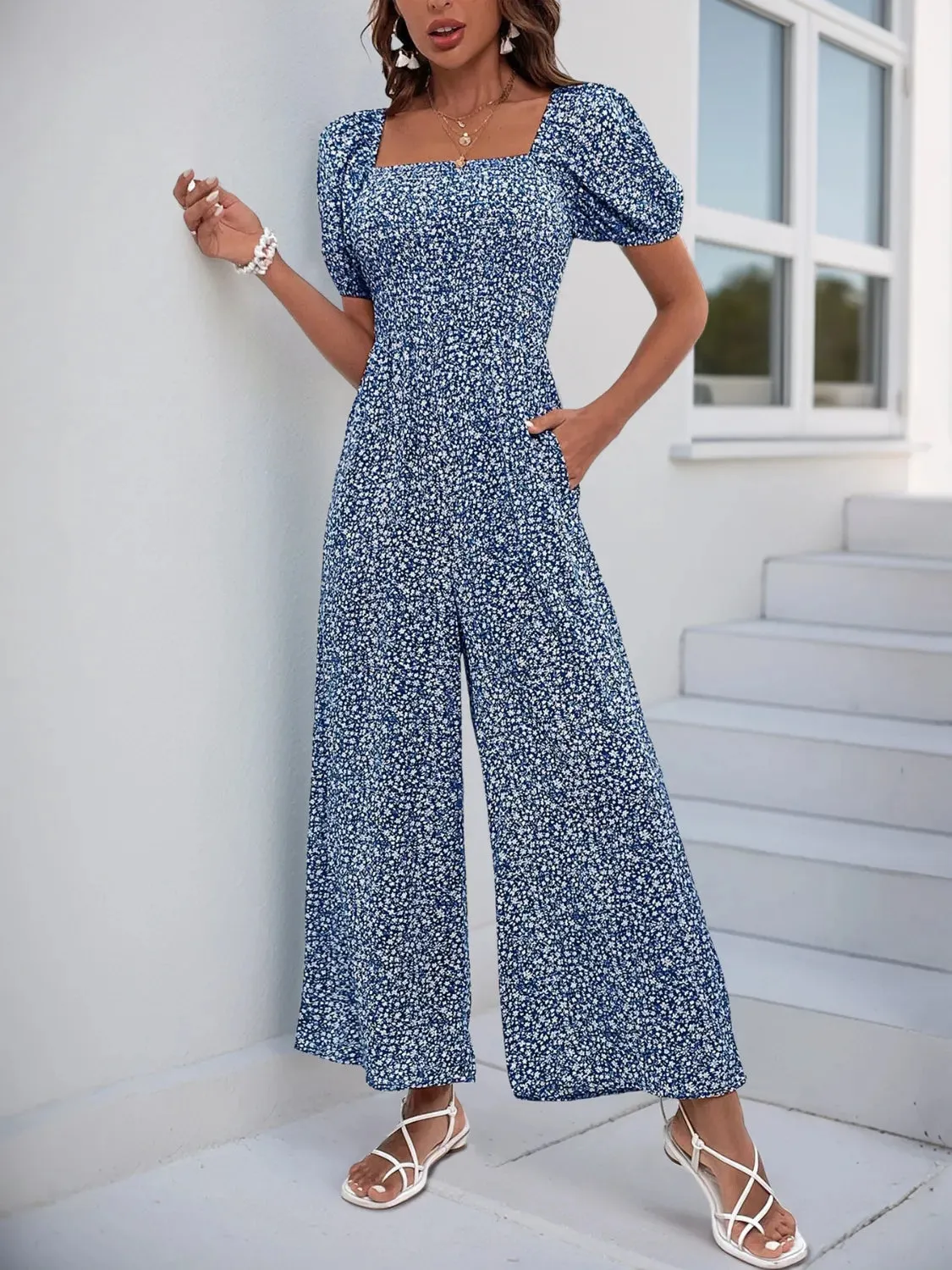 Printed Square Neck Puff Sleeve Romper