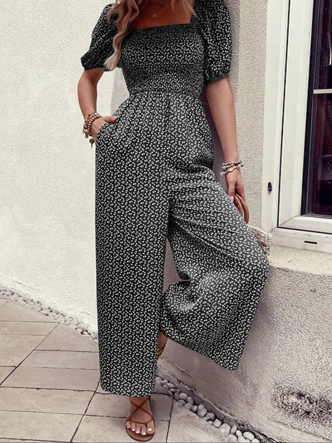 Printed Square Neck Puff Sleeve Romper