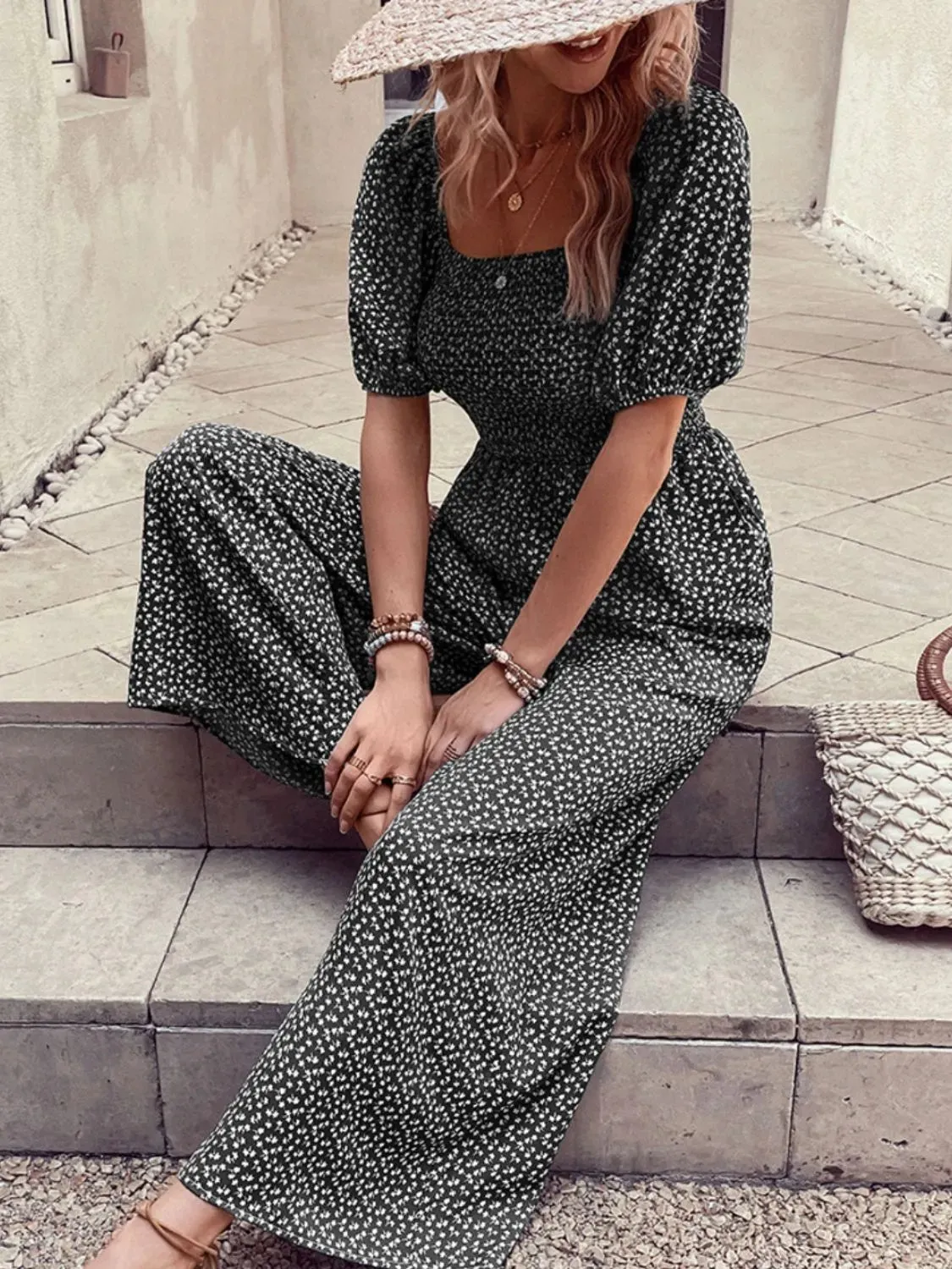 Printed Square Neck Puff Sleeve Romper