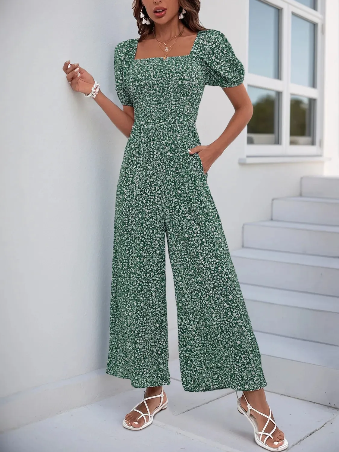 Printed Square Neck Puff Sleeve Romper