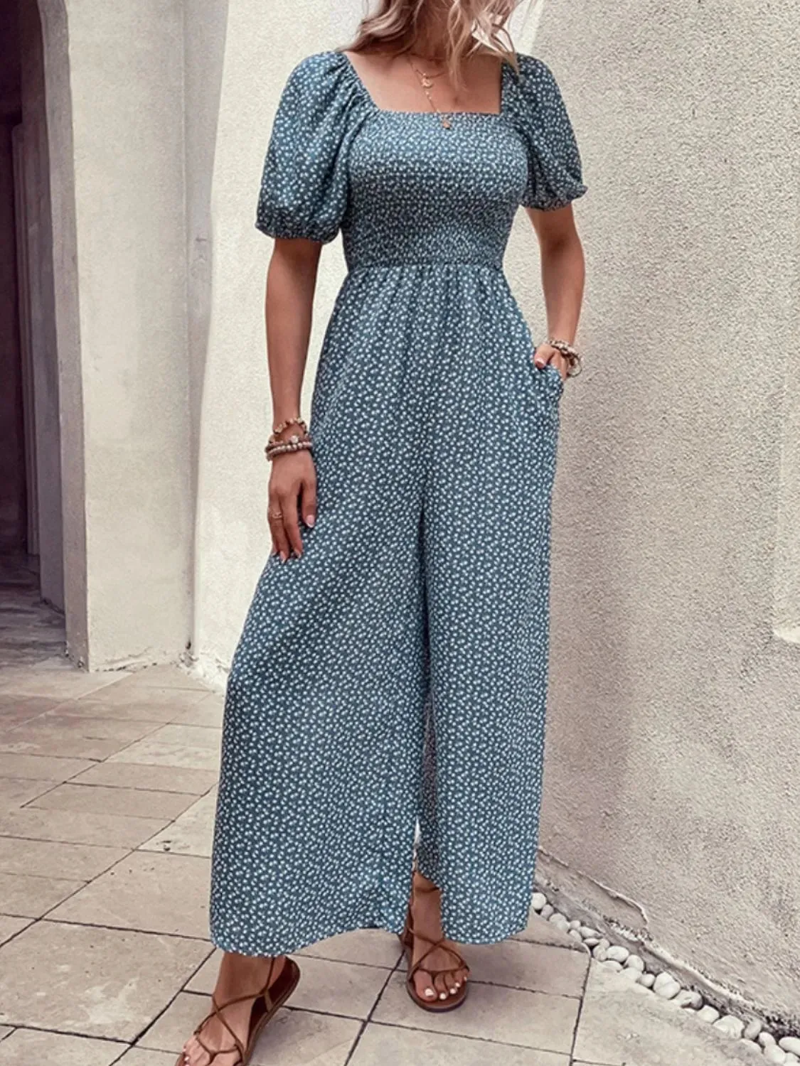 Printed Square Neck Puff Sleeve Romper