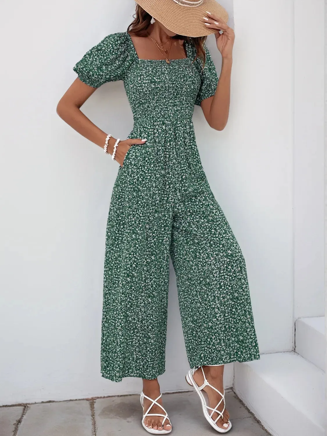 Printed Square Neck Puff Sleeve Romper