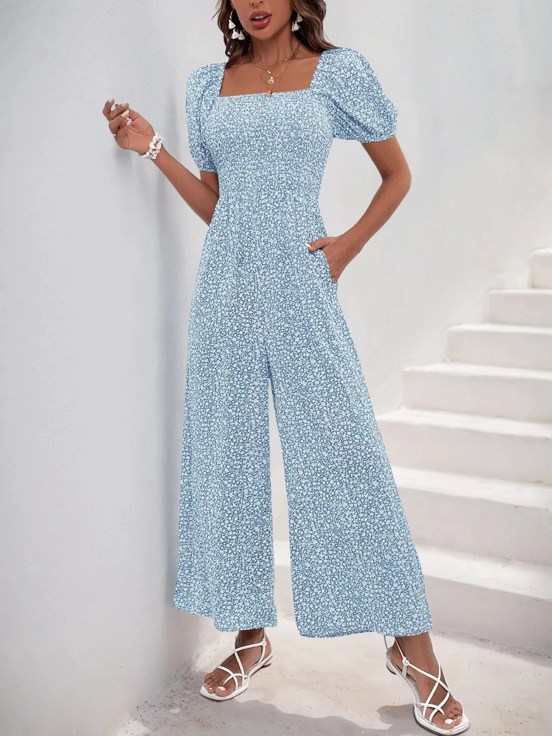Printed Square Neck Puff Sleeve Romper