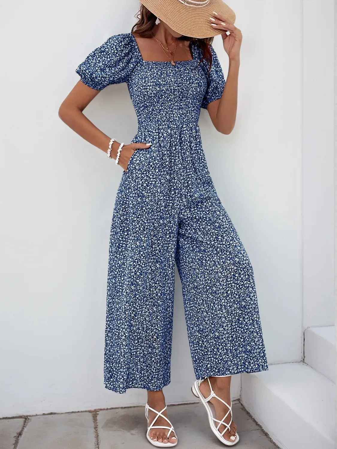 Printed Square Neck Puff Sleeve Romper
