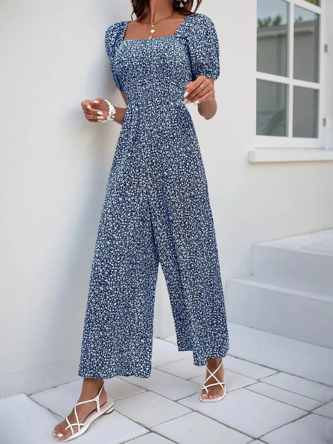 Printed Square Neck Puff Sleeve Romper
