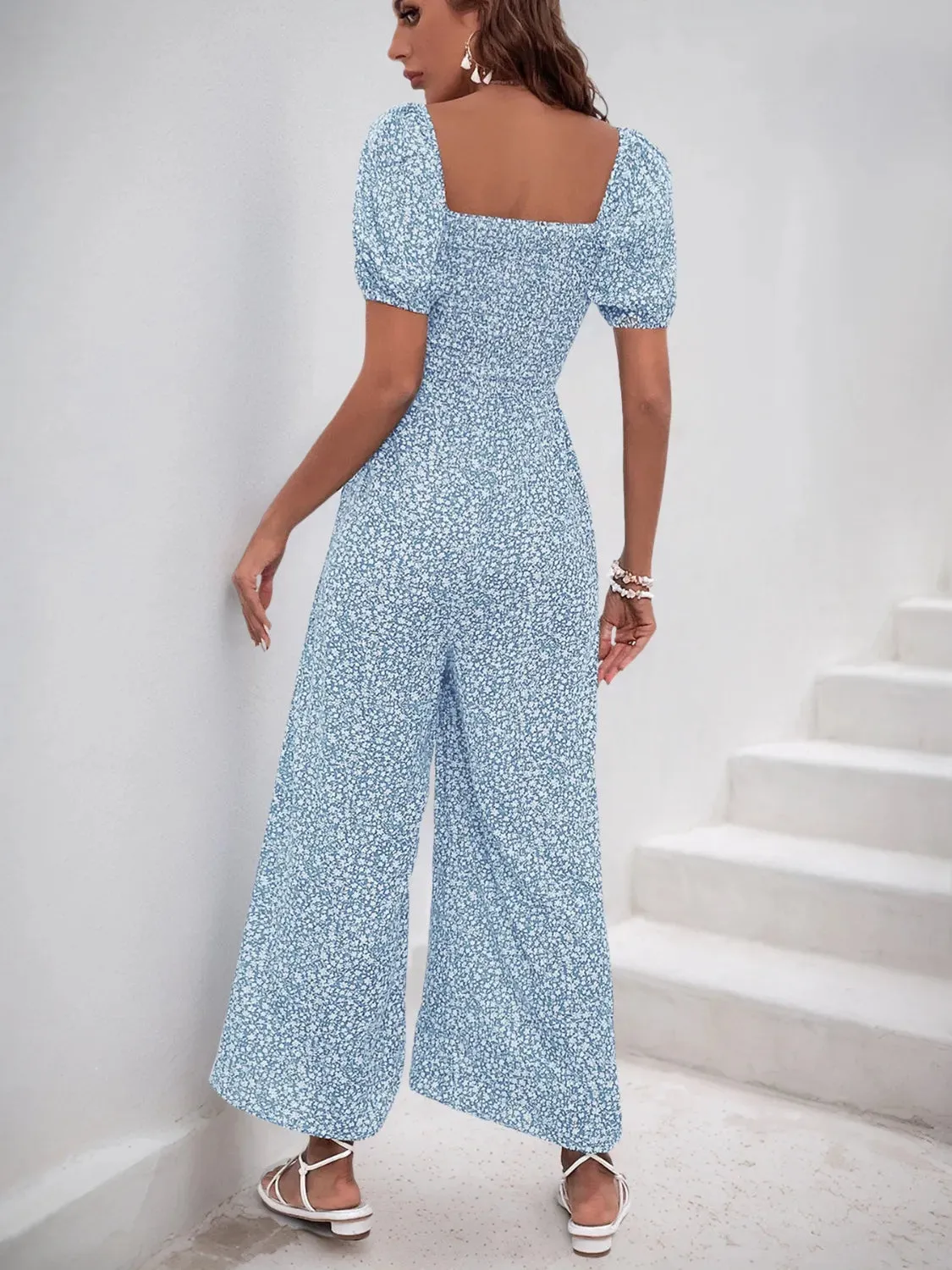 Printed Square Neck Puff Sleeve Romper