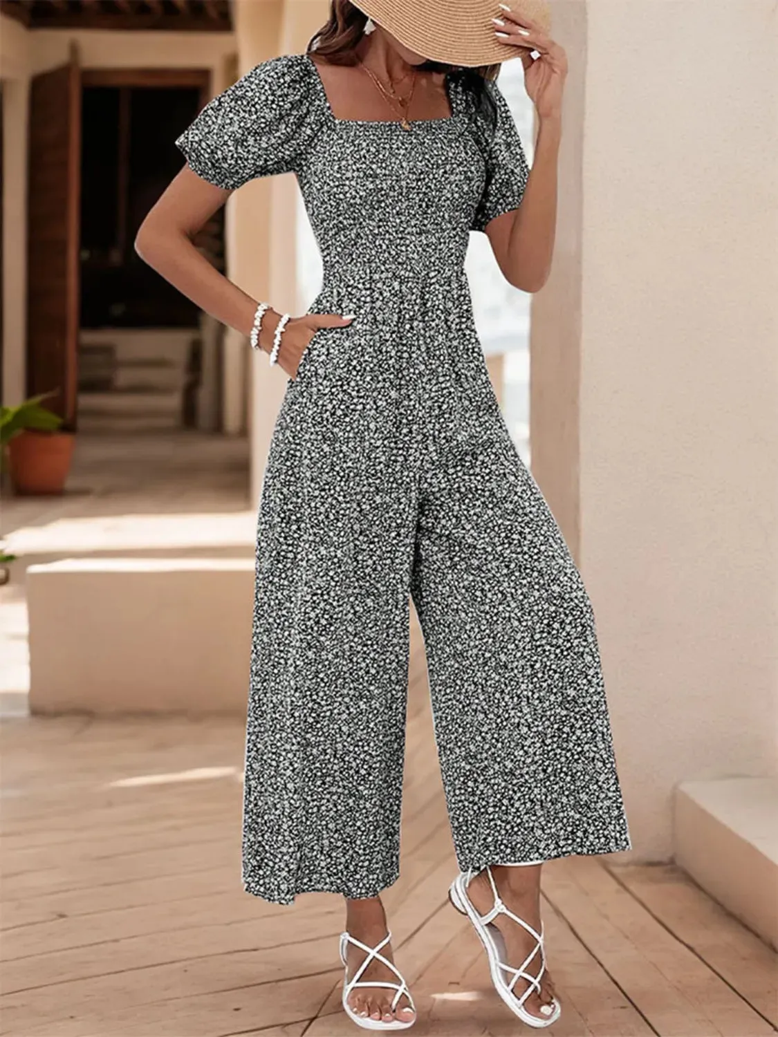 Printed Square Neck Puff Sleeve Romper