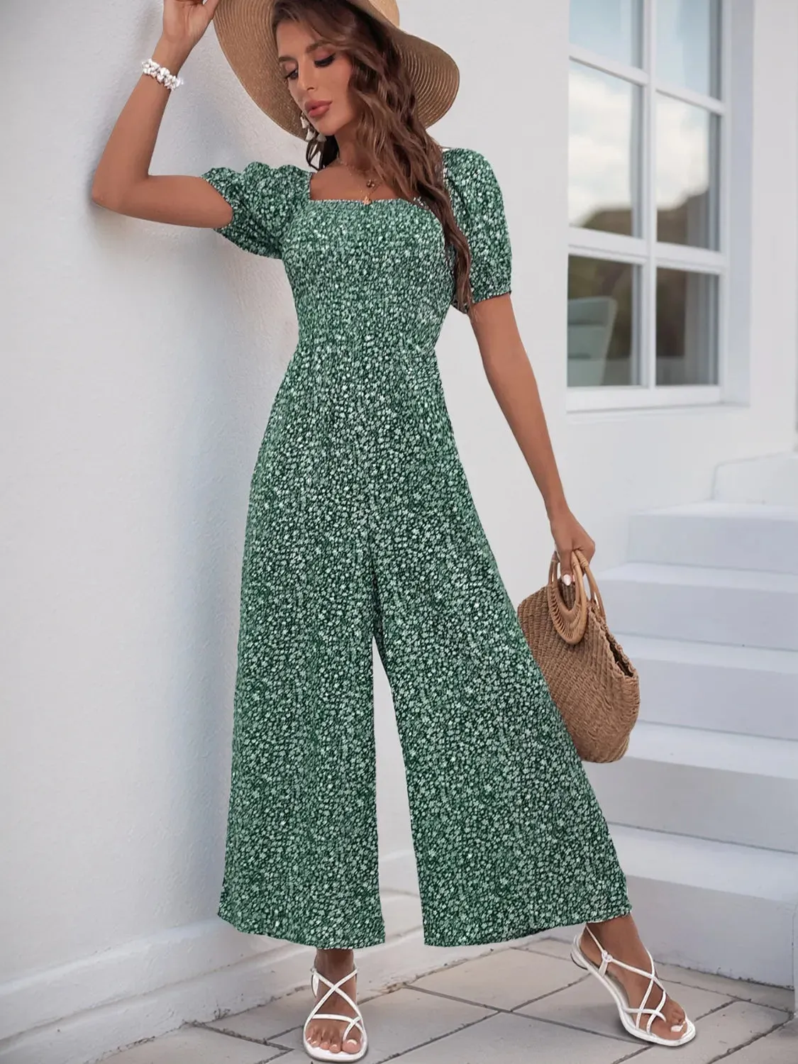 Printed Square Neck Puff Sleeve Romper