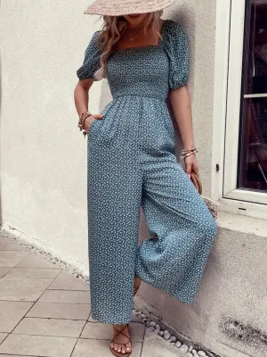 Printed Square Neck Puff Sleeve Romper