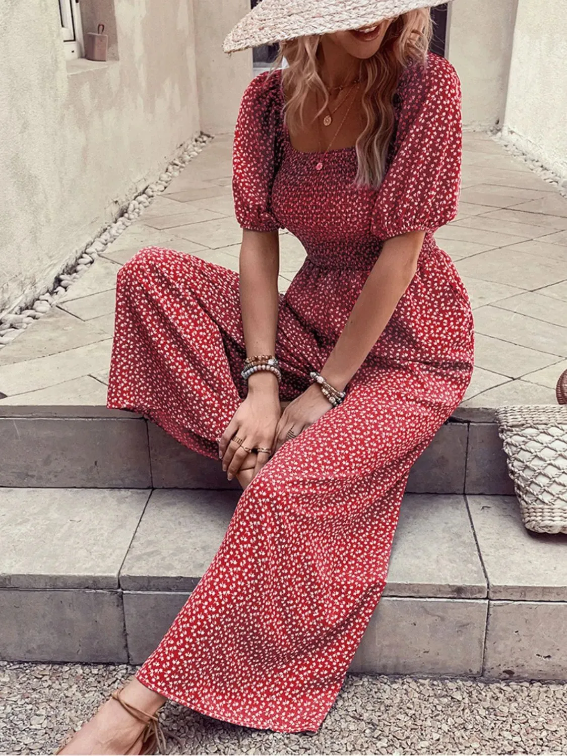 Printed Square Neck Puff Sleeve Romper