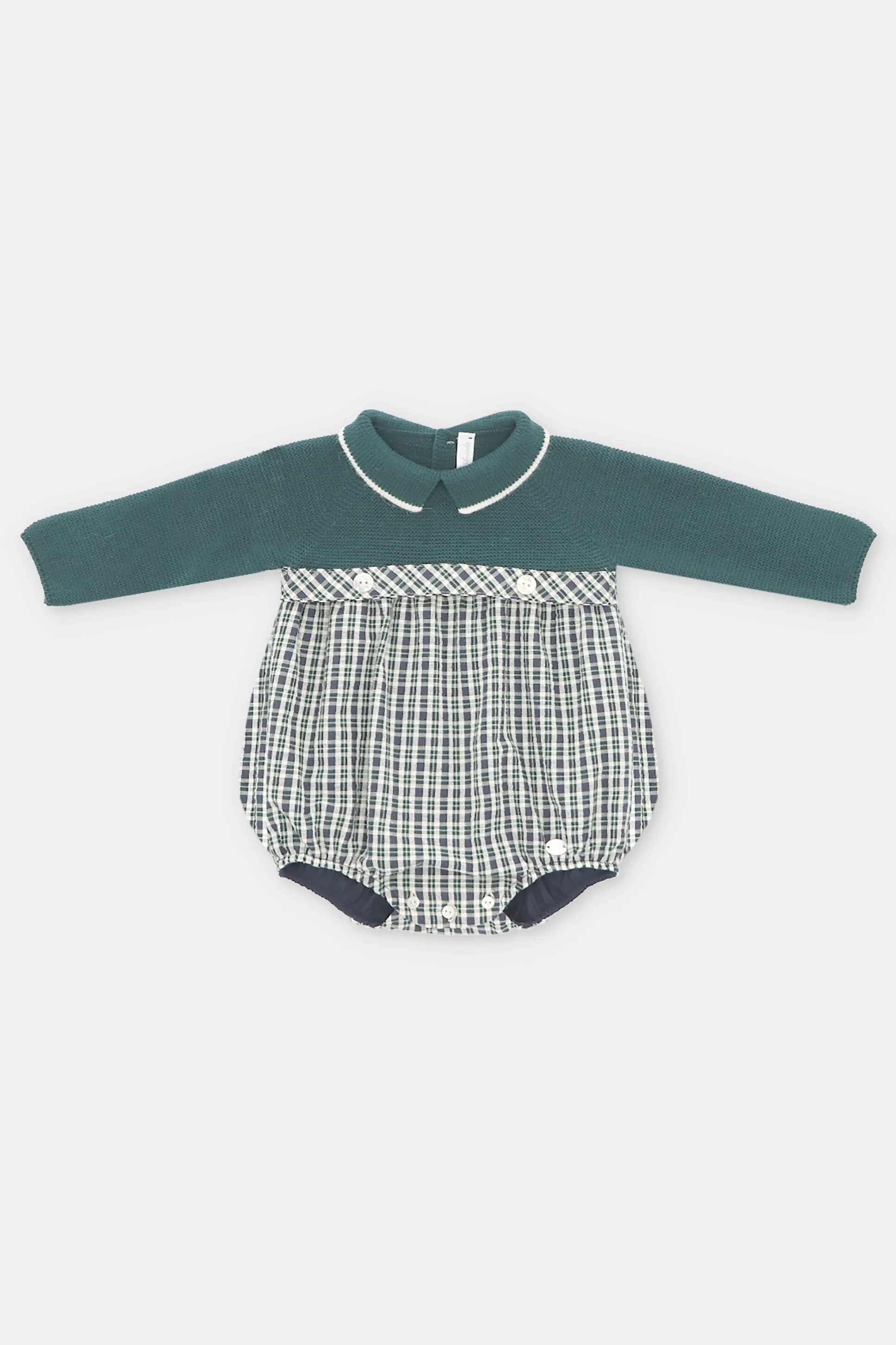 "Ben" Bottle Green Half Knit Tartan Romper