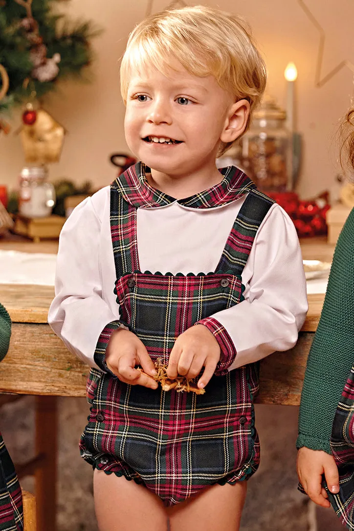 "Bruno" Bottle Green Tartan Dungaree Romper Set