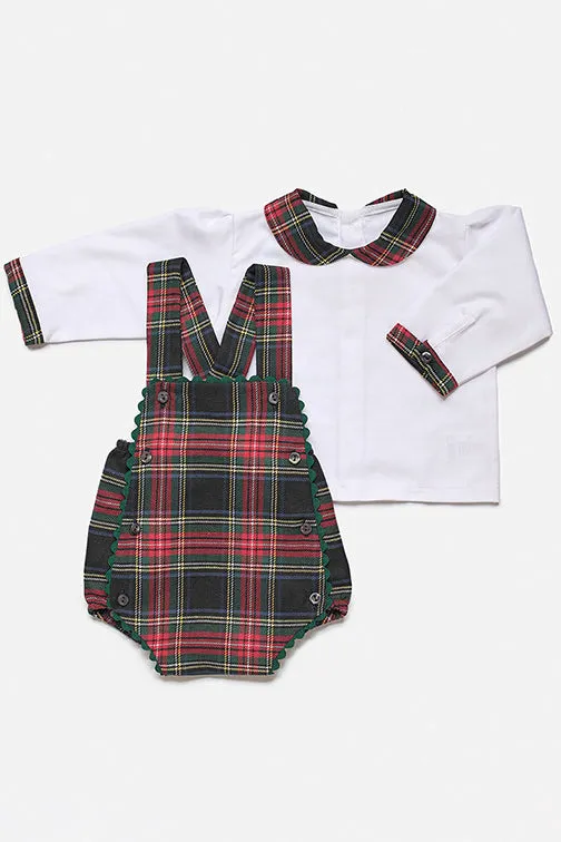 "Bruno" Bottle Green Tartan Dungaree Romper Set