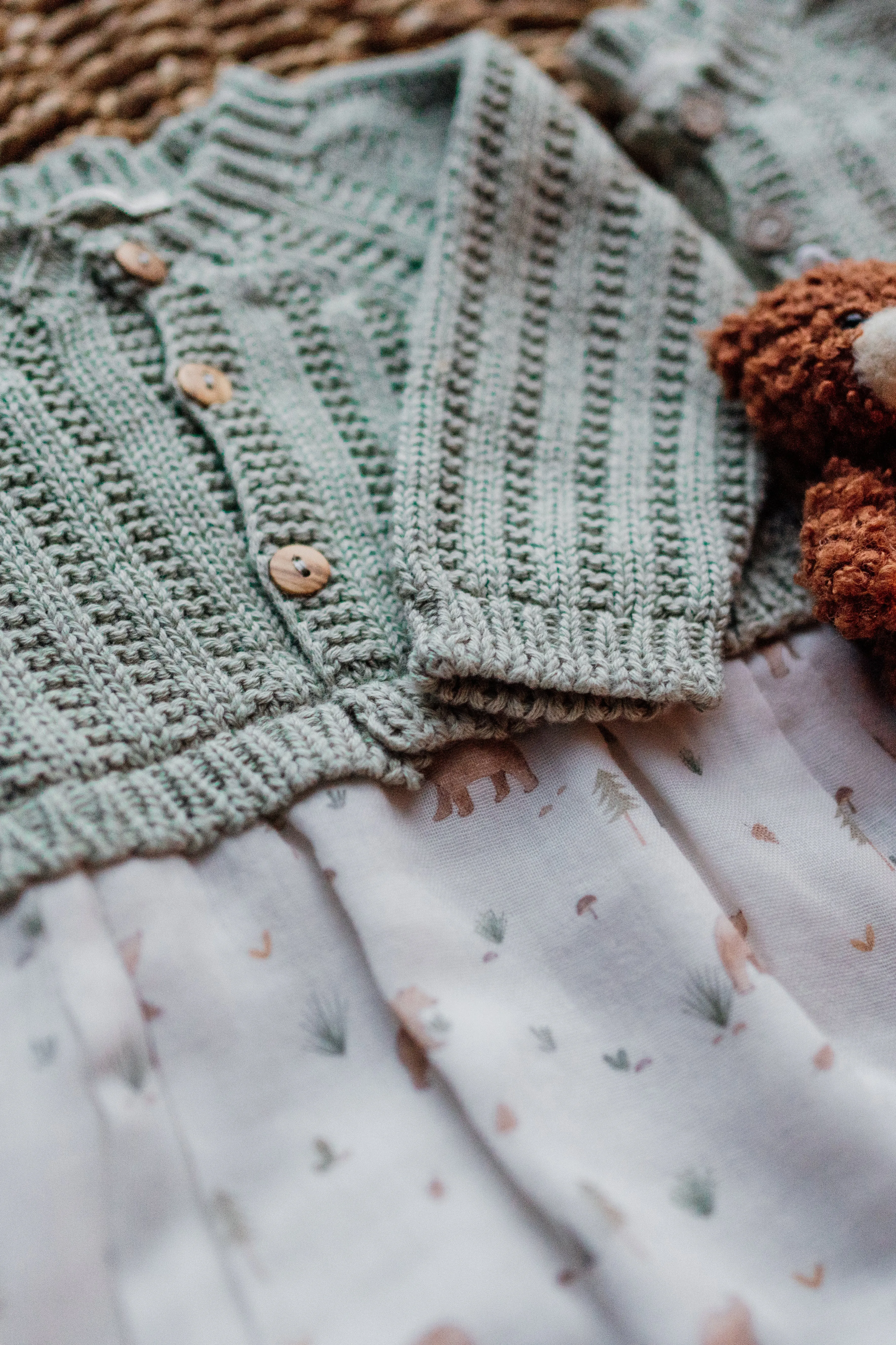 "Celso" Sage Green Half Knit Bear Romper