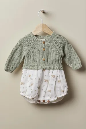 "Celso" Sage Green Half Knit Bear Romper