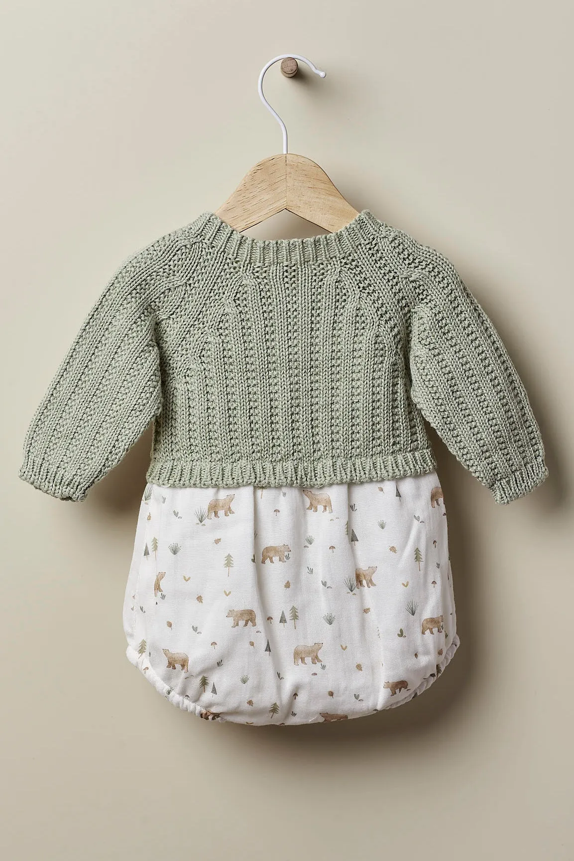 "Celso" Sage Green Half Knit Bear Romper