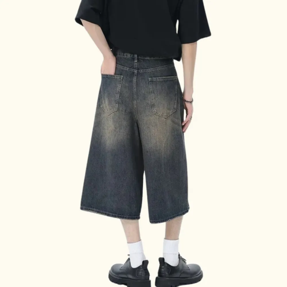 "Distressed Wide-Leg Denim" Shorts