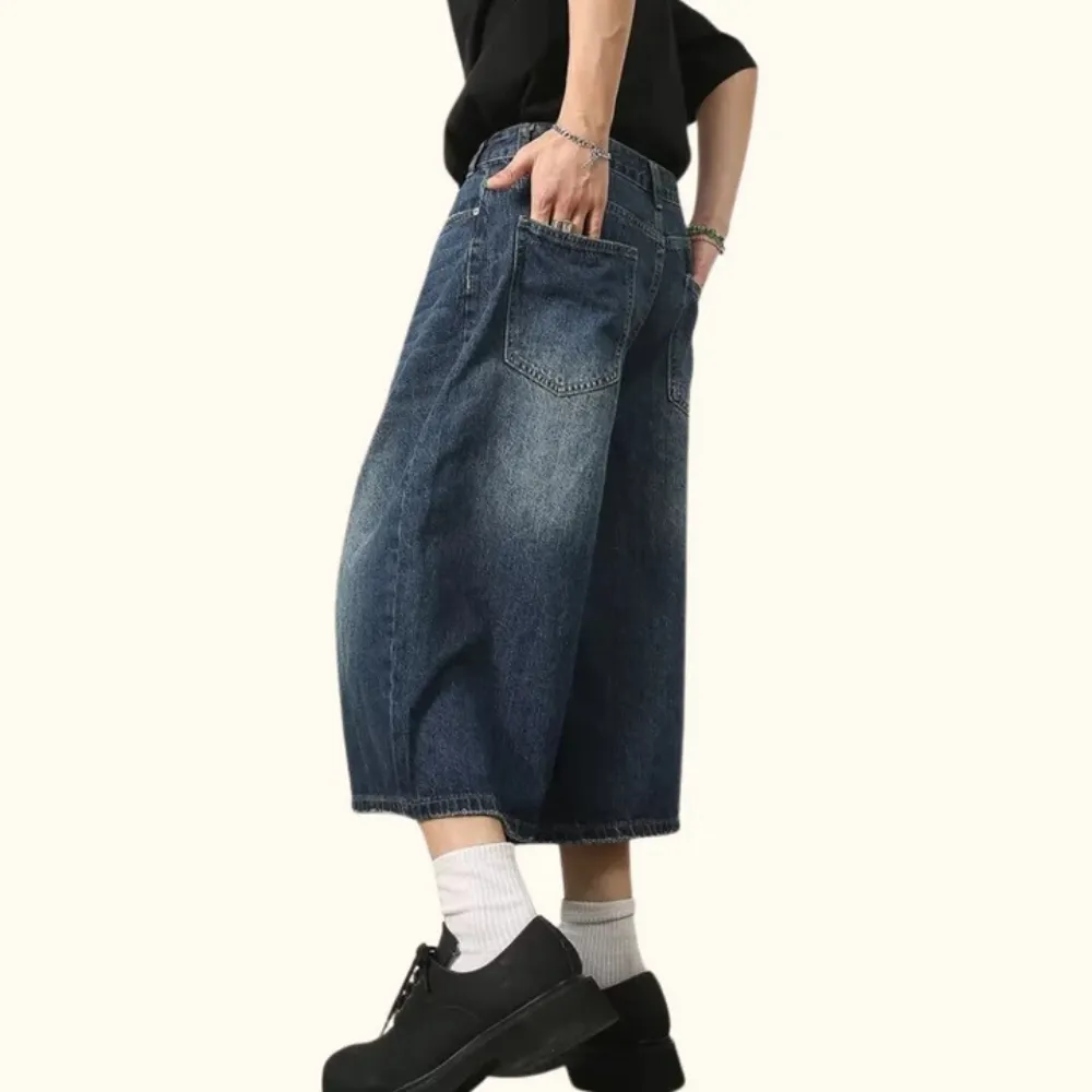 "Distressed Wide-Leg Denim" Shorts