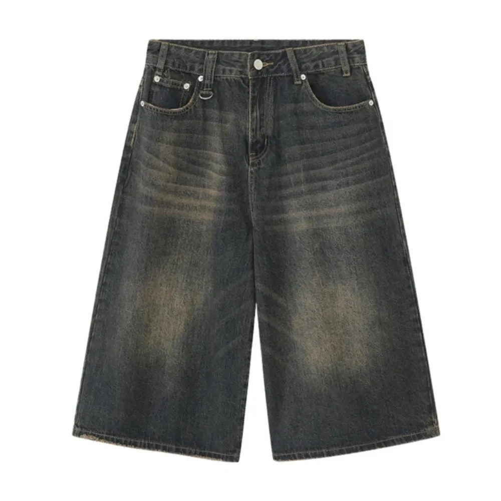"Distressed Wide-Leg Denim" Shorts