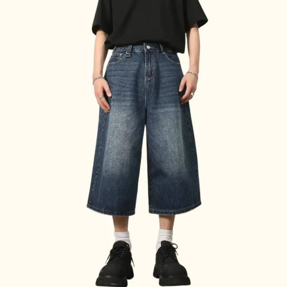 "Distressed Wide-Leg Denim" Shorts