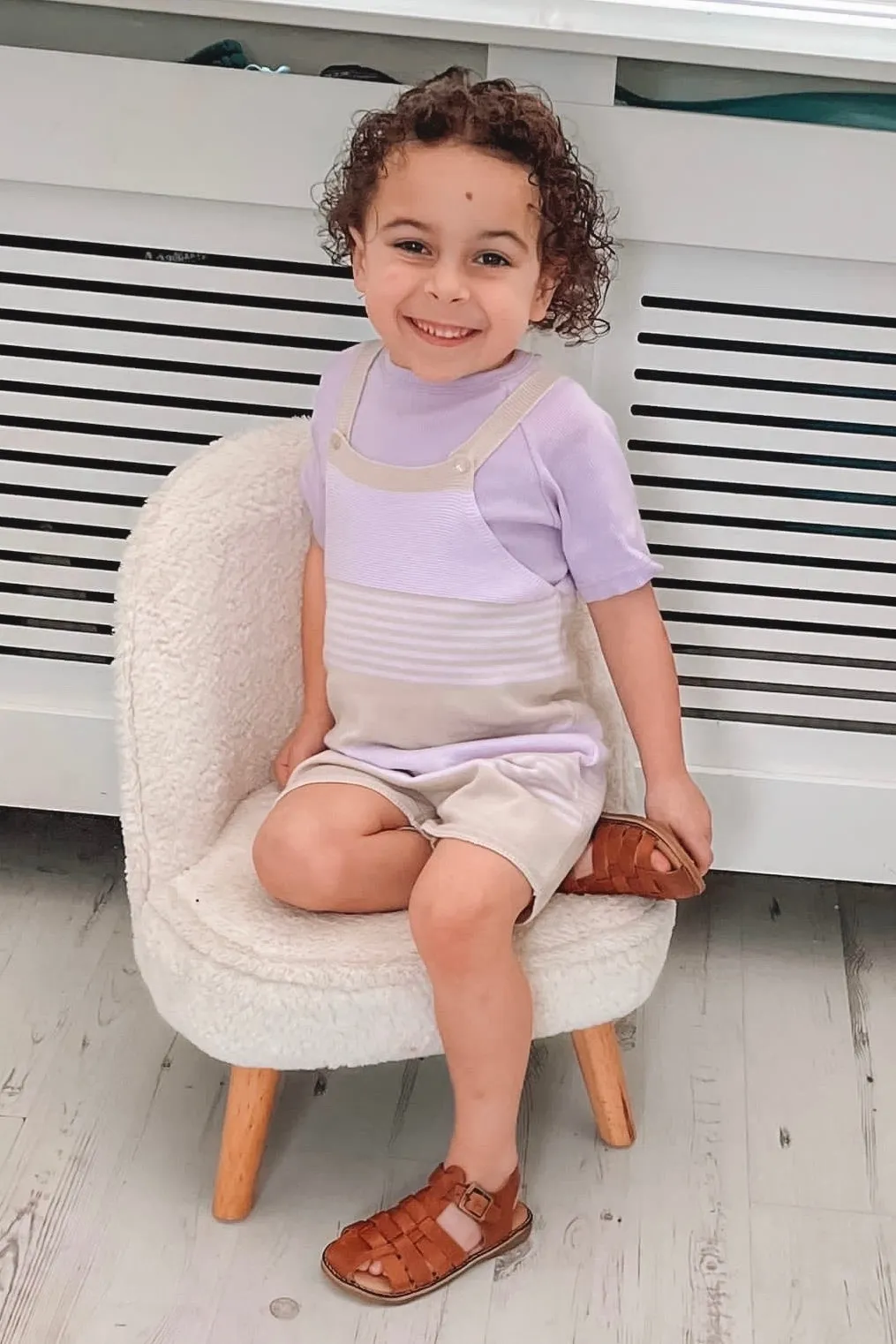 "Jovie" Stone & Lilac Stripe Knit Dungarees