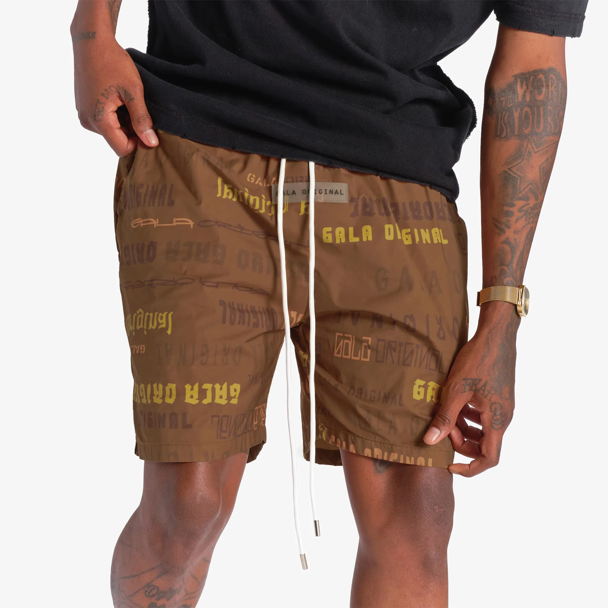 "LICORICE" POLYESTER SHORTS (BROWN PRINTED)