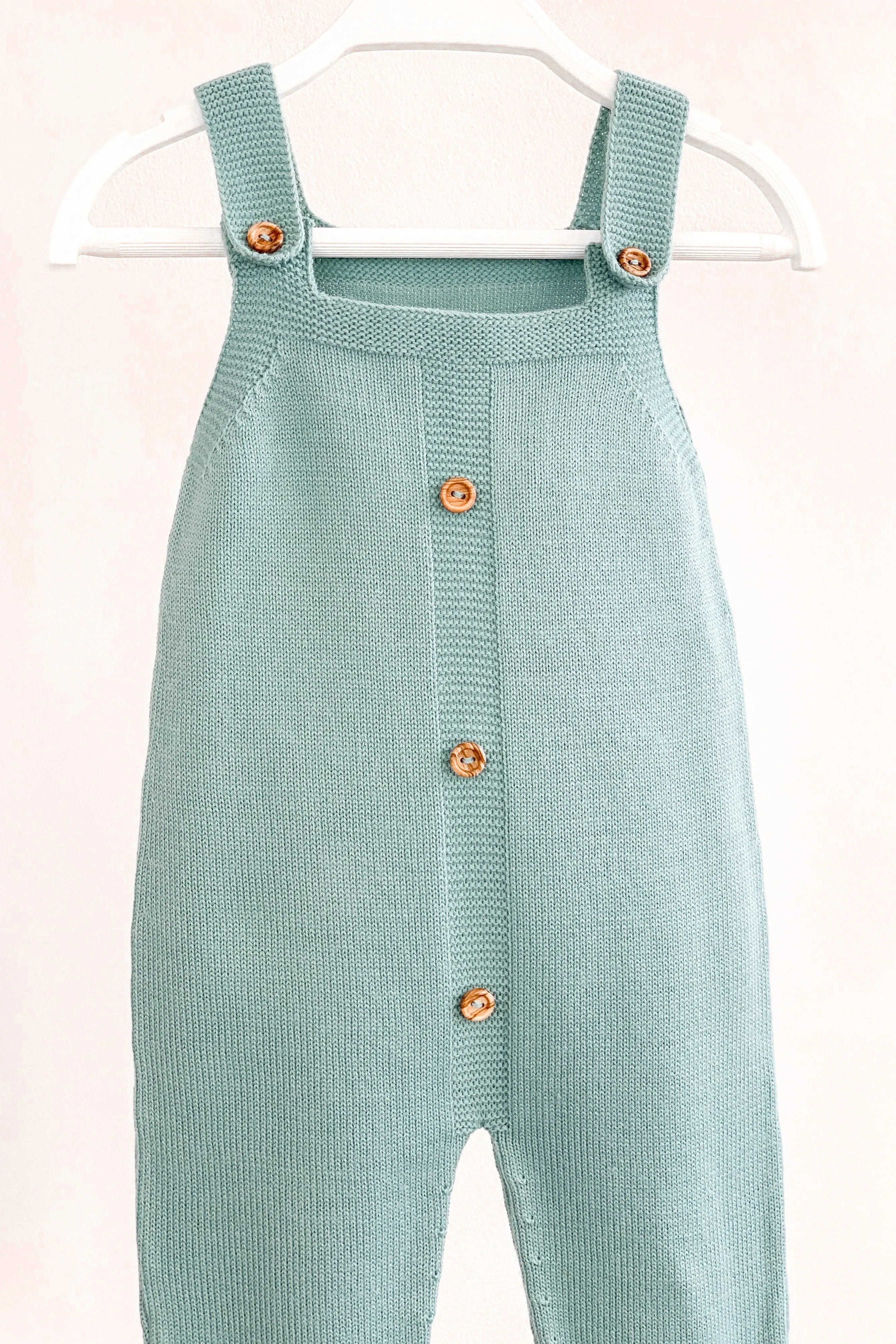 "Quinn" Sage Green Knitted Button Dungarees