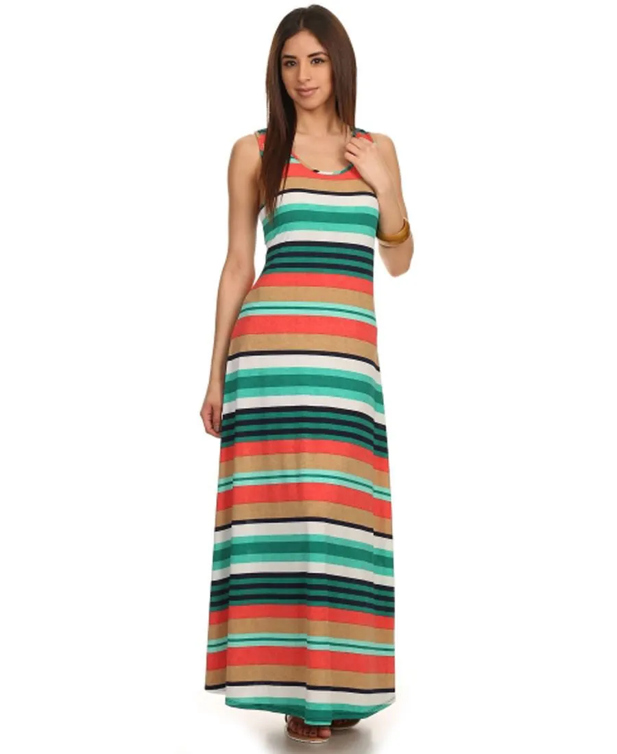 Racerback Maxi Dress Striped Aqua Coral