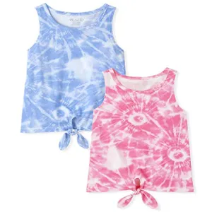 Rainbow Print Tie Front Tank Top 2-Pack (Girls, Vista Blue, Medium)