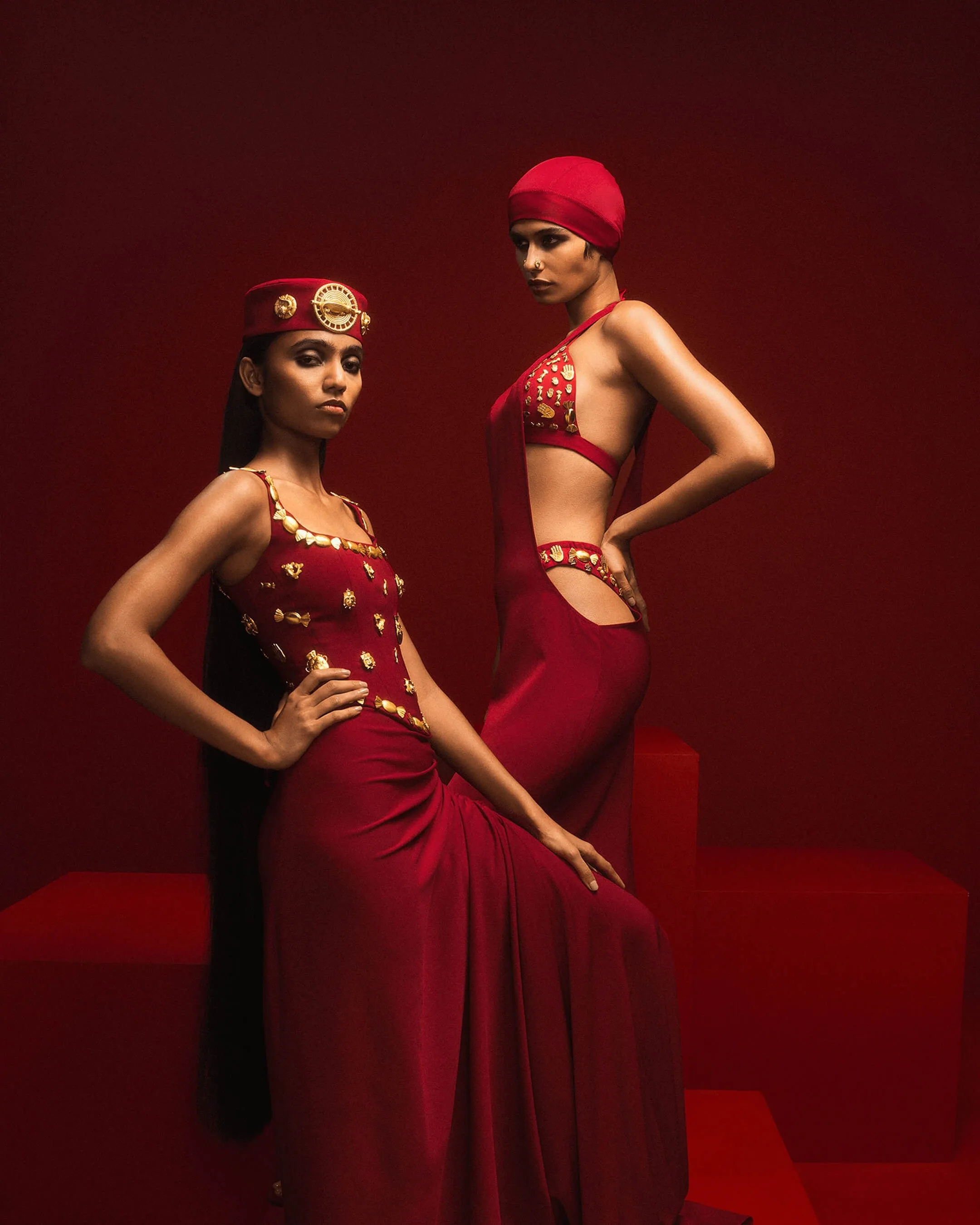 Red dress with ruby bra and whip