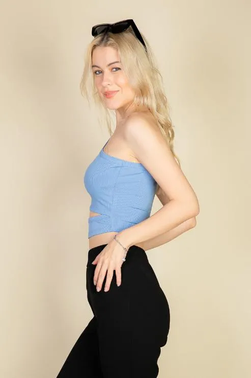 Ribbed Knit Cut Out One Shoulder Crop Top
