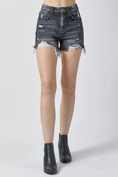 RISEN High Rise Distressed Black Denim Shorts